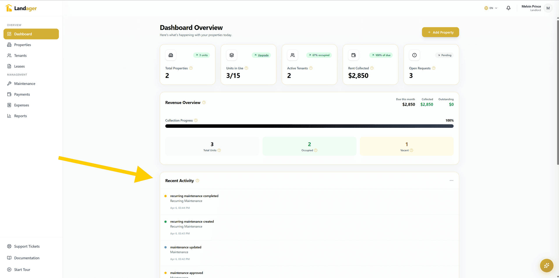 Landager Recent Activity Feed